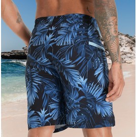 APTRO Men's Swimming Trunks Long with Compression Liner Quick-Drying Swimming Shorts 2 in 1 Swimming Trunks with Zip Pocket Inner Shorts Surfing Beach Shorts, Palm Blue Mk282