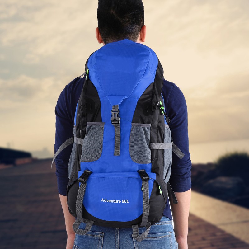 50L Waterproof Bag Camping Climbing Outdoor Travel Hiking Backpack Blue