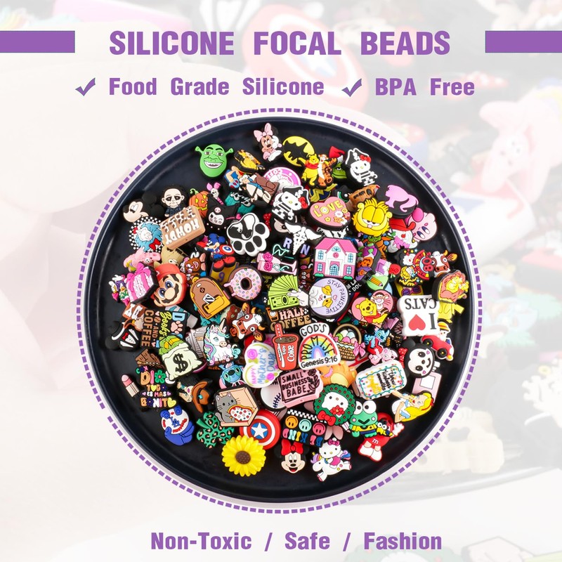 50Pcs Silicone Focal Beads for Pens, Random Cute Character Focal