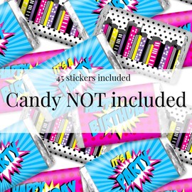 Super Hero Themed Birthday Party Mini Chocolate Candy Bar Sticker Wrappers for Girls, 45 1.4" x 2.6" Wrap Around Labels by AmandaCreation, Great for Party Favors