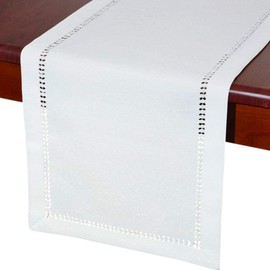 Grelucgo Pure White Hand Hemstitched Dining Table Runner Dresser Scarves, Sliver Thread Interweaving (White, 14 x 60 Table Runners)