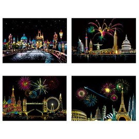 WUSJCOF 4 x Scratch Pictures Sights Wall Picture Coated Scratch Paper with Tool Set (290 x 210 mm) (Colourful) (Fireworks City)