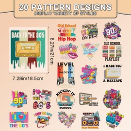 Shejdgart Dtf Transfers Ready to Press - 20 Pcs Back to 80s 90s Theme Iron on Patches for T-Shirts, Vintage Radio Heat Transfer Designs Vinyl Stickers, Iron on Decals for DIY Clothes Bag Fabric