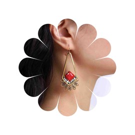 TseenYi Boho Vintage Dangle Earrings Red Onyx Dangle Earrings Gold Geometric Filigree Dangle Earrings Crystal Red Gemstone Earrings Square Ruby Earrings Jewellery for Women and Girls