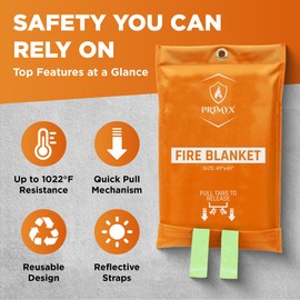 primyx fire blanket- Emergency Fire Blanket for Home -Enhanced Hand Safety with Advanced Woven Technology- Durable Fiberglass Fabric Withstands High Temperatures -reflective straps- 40x40 Inches