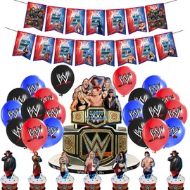 SMLHPARTY Wrestling Birthday Party Decorations - Blue Cartoon Balloons & Banner - WWE Theme - Includes Birthday Banner & Balloons