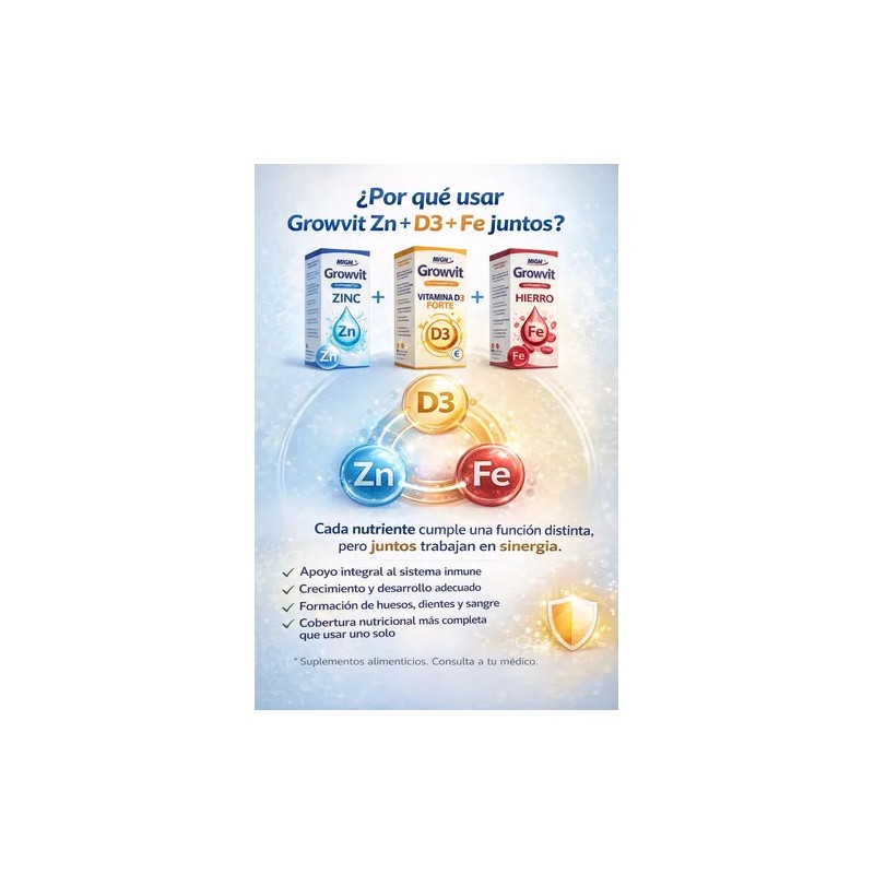 Growvit Suplemento Vitamina 3 Pack D3 Forte Zinc Hierro