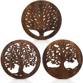 Beeveer 3 Pcs Life Tree Wooden Trivets Round Plates Pots Holder Heat Resistant Wooden Tree Trivet Hot Pan Holder Kitchen Table Hot Tea Winter Dishes Dining 8 Inch(Brown)