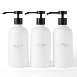 Janxin Shampoo and Conditioner Dispenser Set of 3,Refillable 21oz Shampoo Bottles with Non-Slip Protective Silicone Pad,Shower Soap Dispenser with Waterproof Labels for Bathroom (White)