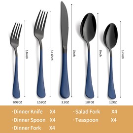 LKTDYMEG 20-Piece Black and Dark Blue Silverware Set 18/0 Stainless Steel Silverware Set Dark Blue Handle Cutlery Set Service for 4 Dinner Knives Forks Spoons Set Flatware Set Finish Dishwasher Safe