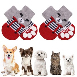 AUAUY Anti Slip Dog Socks, Dog Socks, Pet Paw Protector, Pet Socks Traction Control for Indoor Wear, Suitable for Small Medium Dogs and Cats Indoor Outdoor Walking (M-Red and Grey)