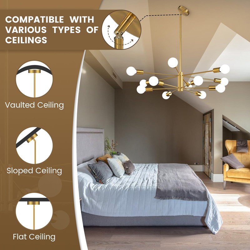 KAISITE Modern Sputnik Chandelier Ceiling Light Fixture 12-Light Gold Chandelier