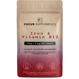 FS Iron with B12 | Iron High Dose with Vitamin B12 | 240 Iron Vitamin B12 Tablets - 14mg Iron & 2.5µg B12 Per Serving | Iron B12 | GMO Free, Gluten and Allergy Free | Made in the UK
