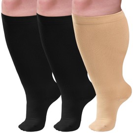 YIFVTFCK 3 Pairs Plus Size Compression Socks Wide Calf for Women Men Extra Large Size Support Socks for Nurses Travel Pregnant Running Black Nude 3XL