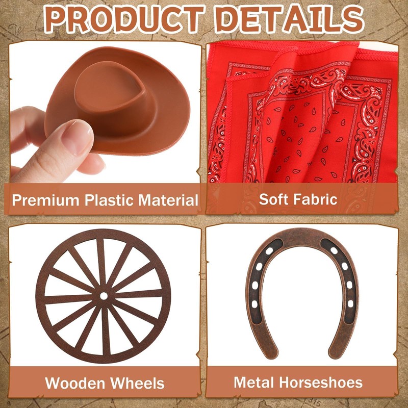 42 Pcs Western Mini Hay Bale Cowboy Hats Horseshoes Bandanas