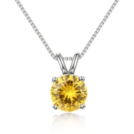 DOWOS 925 Sterling Silver Dainty Necklace for Women Mother's Day, 18K Gold Plated Yellow Round Brilliant Cut Solitaire Pendant Necklace for Women, Classic 4 Prong 20'' Dainty Chain 8mm/2carat(Yellow)