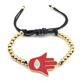 LESLIE BOULES Hamsa Hand Enamel String Bracelet Adjustable 6"- 8" Protection Jewelry