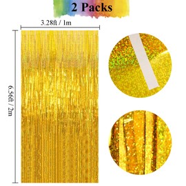 2Pcs Gold Laser Fringe Curtain - HADEEONG 3.28ft x 6.56ft Foil Fringe Curtain Party Streamers Tinsel Backdrop Door Curtains Photo Backdrop for Wedding Birthday Bridal Baby Shower Party Decorations