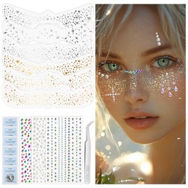 HOSAILY 6 pcs Gold Silver Glitter Freckles Face Tattoo, Sparkle Face Glitter Makeup for Women, 3 pcs Gems Jewels Pearl Half Magic Stickers Fairy Mermaid Makeup Rave Accessories for Festival Party