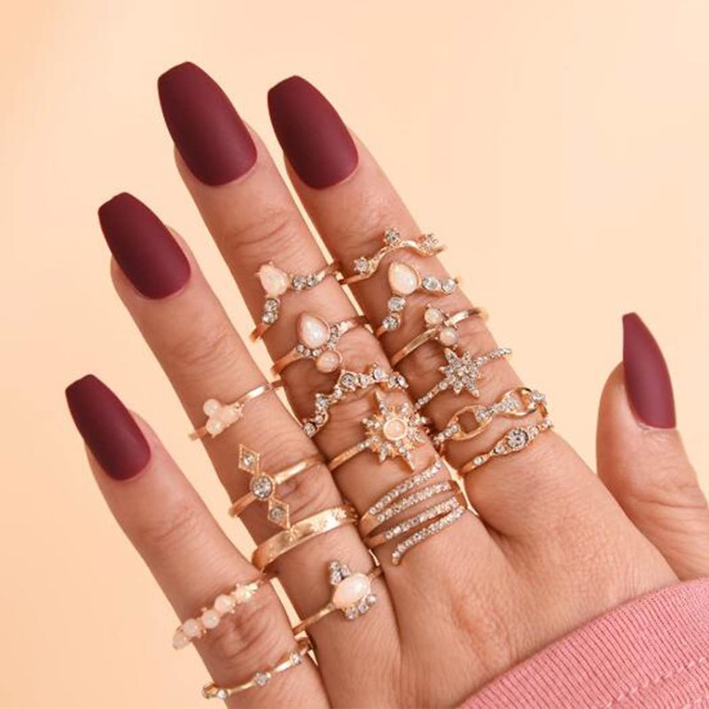 TWINKLEDE Boho Stackable Rings 17Pcs Rhinestone Finger Rings Gold Crystal
