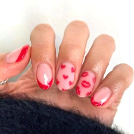 Hrnsnails Valentines Press On Nails Almond Short, Valentines Fake Nails with Flaming lips Red heart Design, Artificial Valentines Nails Stick On Nails for Women-24Pcs
