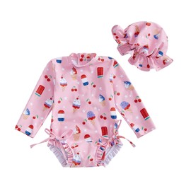 Socutebabe Baby Girl 4th of July Swimsuit Long Sleeve One Piece Swimsuit Romper 4th of July Bathing Suit Beach Rash Guard (Popsicle-Pink, 18-24 Months)