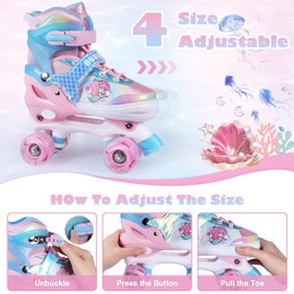 Hualonger 4 Size Adjustable Kids Roller Skates for Girls Boys, Beginner Toddler Skates with Light Up Wheels, Indoor Outdoor Sports for Ages 3-5 5-8 8-12