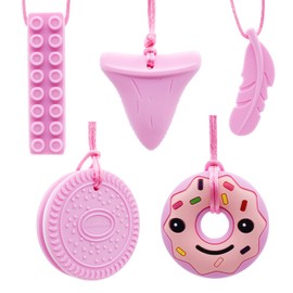 GNAWRISHING Chew Necklaces for Sensory Kids 5 Pcs Pink Sensory Chewy Toys for Autism Girls and Boys, ADHD Toddler, Adult