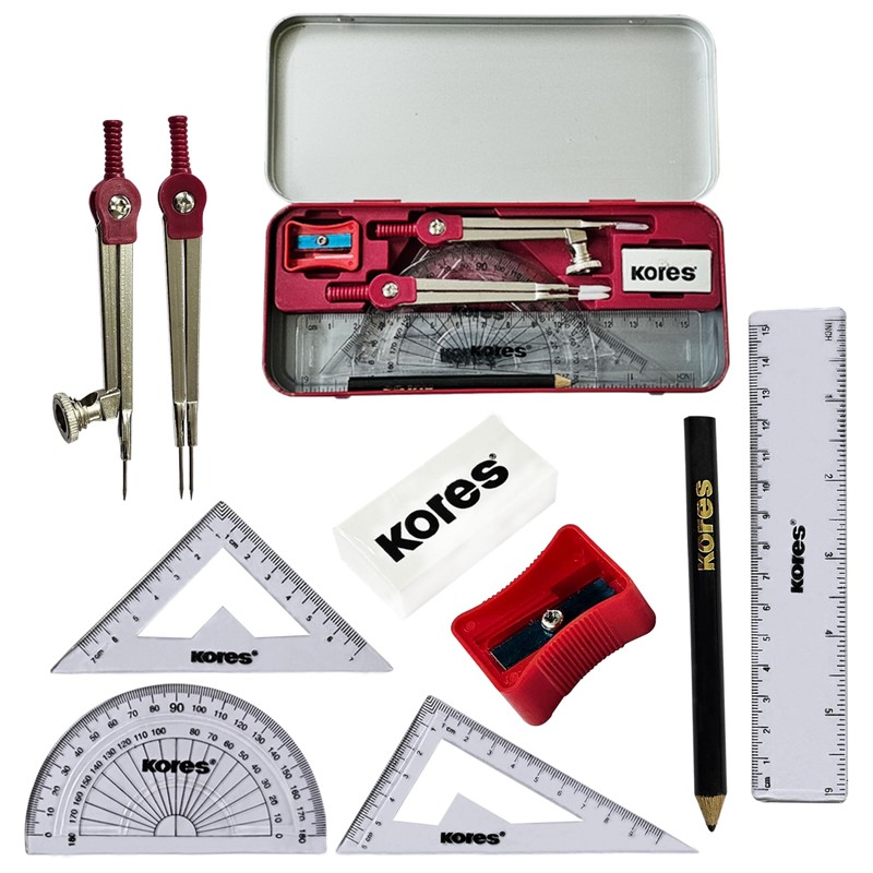 Kores MAT-GEO 9 Pcs Maths Geometry Tin Set, ORANGE Tin,