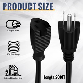 Relaxweex 200 Foot 3 Prong Vinyl Extension Cord 16/3 Heavy Duty Extension Cord with Multiple Outlets 3 Prong 10A 1250W 16AWG SJTW Weatherproof Outdoor & Indoor Power Cable for Lawn Office