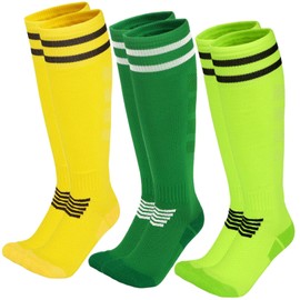 Dress Cici Men's Compression Socks for Football, Stripes Nylon Soccer Graduated Compression Socks for Men (3 Pack: Fluorescent Green+Grass Green+Yellow), Asia Size L