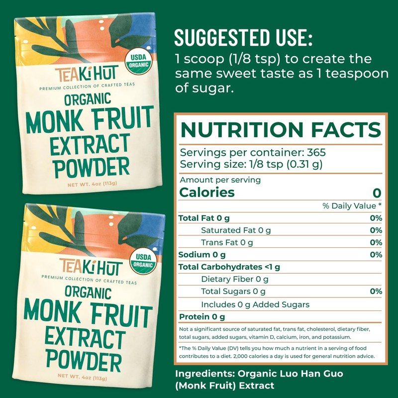 Organic Pure Monk Fruit Sweetener, No Erythritol 4oz, 100% Monk