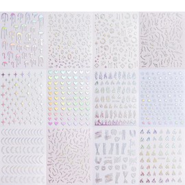 12 Sheets Aurora Nail Art Stickers Decals 3D Self-Adhesive Pegatinas Uñas Glitter Silver Nail Stickers Holographic Heart Star Fire Nail Supplies Nail Art Design Decoration Accessories for Women Girls
