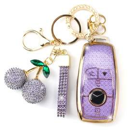 Rayslesan Sparkly Key Fob Cover with Cherry Keychain, Bling TPU Smart Key Case for Women, Compatible with Benz E, S, C, G, A Class CLA CLS GLA GLC GLE GLS SLC SL GLK GL SLK GT (4-Button, Gold Purple)
