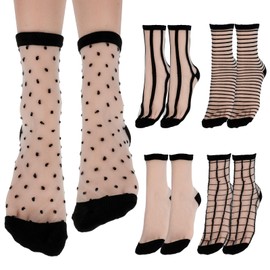 Lusofie 5 Pairs Sheer Socks Black See Through Socks Checkered Dot Striped Plaid Ankle Summer Socks for Women Thin Fashion (Style A)