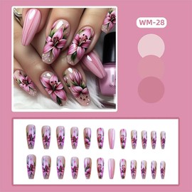 Coffin Press On Nails Long Pink False Nails With Flower Design Full Cover Acrylic Artificial Spring Nails Glossy Reusable Stick On Nails Glue On Nails For Women Manicure Art 24pcs