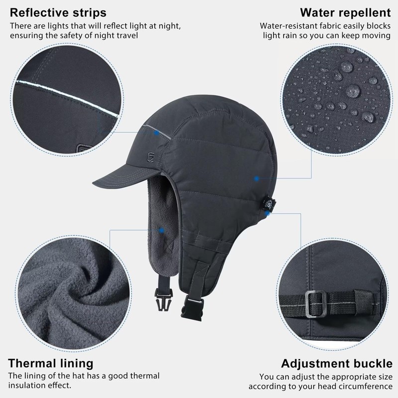 GADIEMKENSD Winter Trapper Hunting Hat with Earflaps Brim Visor Reflective