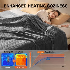 ATKTTOP Heated Blanket King Size - Dual Control Fast & Even Heating Electric Blanket with 8 Heat Levels & 10 Timer Settings, Ultra Soft Flannel, ETL Certified Overheat Protection (100"x90" Grey)