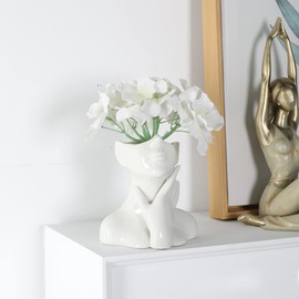 Female Head Vase,Human Body Vase,Small Flower Vase,White Ceramic Vase,Face Vase,Modern Vase for Garden Home Living Room Decor,Table Art Statue Indoor Outdoor (C, Small)