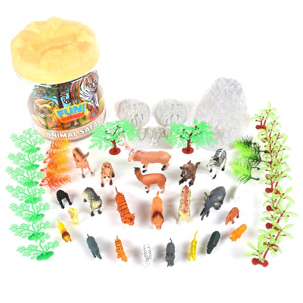 Sunny Days Entertainment Wild Animal Adventure Safari Bucket – 57 Piece Toy Play Set for Kids | Plastic Jungle Figures Playset with Storage Container