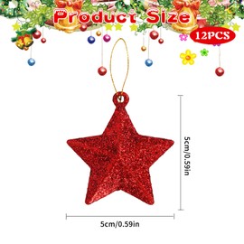 Gukasxi 12Pcs Glitter Stars Hanging Ornaments Christmas Tree Decorations 5cm Pentagram Hanging Ornaments 3D Glitter Star Pendants for Xmas Tree Ornament Gift Wrapping Decor (Red)