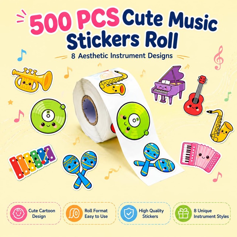 1.5 inches 500pcs Cute Music Stickers Roll, 8 Instrument Designs