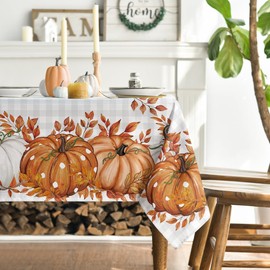 Artoid Mode Buffalo Plaid Orange Pumpkins Eucalyptus Autumn Table Cloth, Rectangular 140x220 cm Fall Table Cover For Party Home Table Decorations