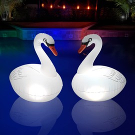 Goallim Floating Pool Lights Solar Rechargeable 2PCS, Waterproof Inflatable Swan Pool Lights, Glow in The Dark Color Changing LED Pool Floating Swan Light for Backyard Spa Patio Wedding Party Decor