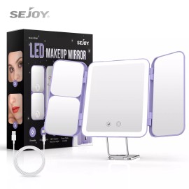 Sejoy Tri-fold LED Makeup Mirror Magnifying Touch Rechargeable Travel Pocket Mirrors  - Purple