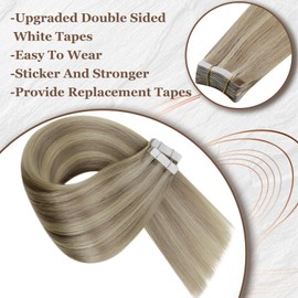 Hetto Tape in Hair Extensions Human Hair Dirty Blonde Highlight Light Blonde Tape in Extensions Real Human Hair Skin Weft Hair Extensions 14inch 40g 20pcs #17/23