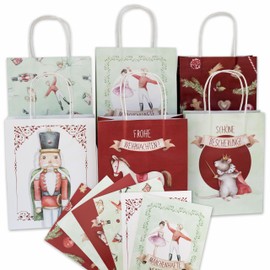 Papierdrachen 6 Colourful Printed Gift Bags for Christmas - Nutcracker - 22 x 18 x 8 cm - Includes Christmas Cards - Christmas Gift Packaging - Handle Bags Set of 6