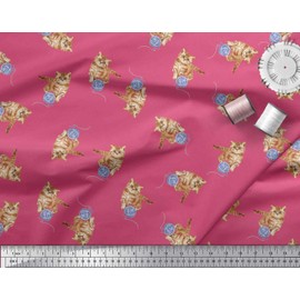 Soimoi Pink Poly Crepe Fabric Wool & Cat Animal Print Fabric BTY 42 Inch Wide