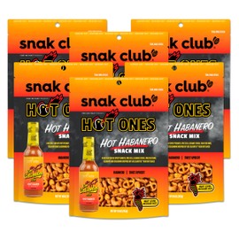 Snak Club x Hot Ones Hot Habanero Snack Mix, Spicy Snacks with Peanuts, Pretzels, Sesame Sticks, Toasted Corn & Cashews, Inspired by Hot Ones Hot Sauce, 10 oz Resealable Bag (6 Count)