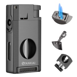 FANKAI Cigar Lighter with Cutter & Punch, Refillable Torch Lighter with Double Jet Flame, Windproof Butane Lighter for Smoking, Cigar Gift for Men (Butane Not Included) (Gray)